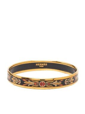 Hermes Enamel PM Cloisonne Bangle Gold Black Multicolor Plated Bracelet